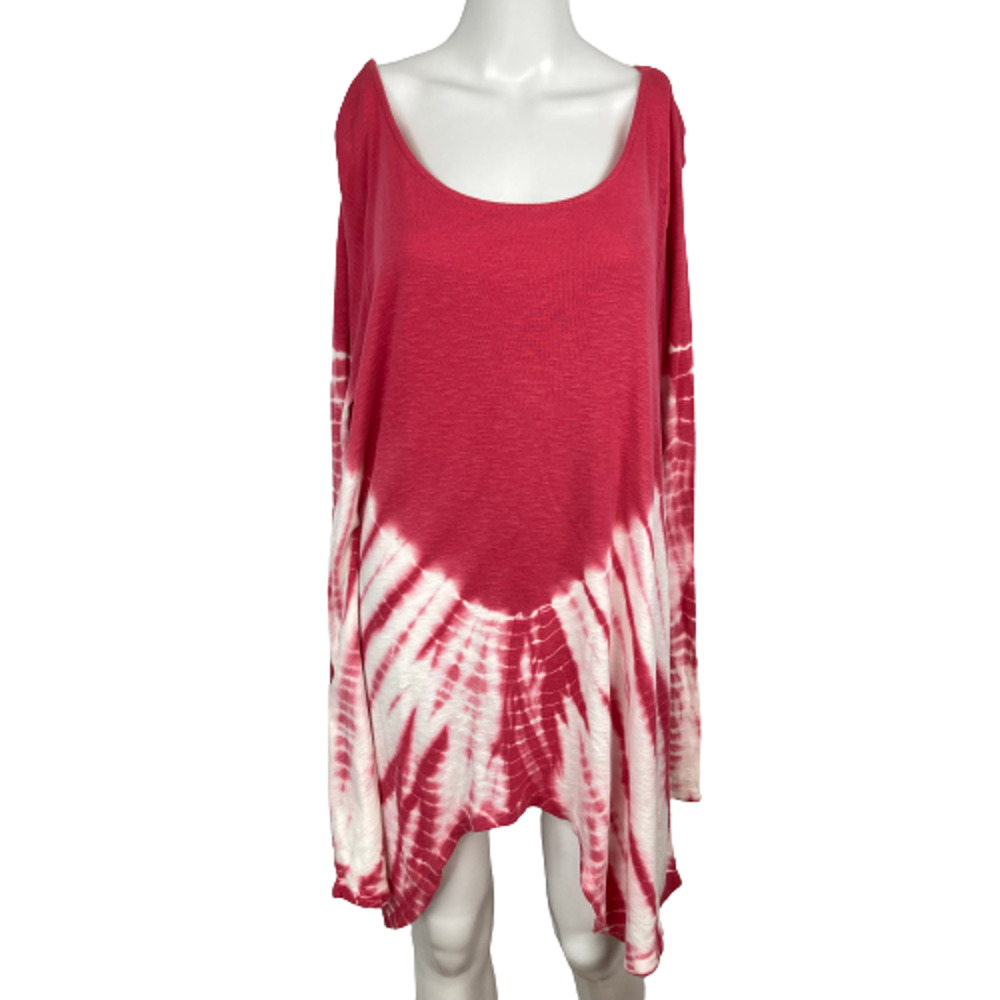 OSO Casuals Shirt Womens Sz M‎ Pink White Cotton Dip Tie Dye Tunic Asymmetrical